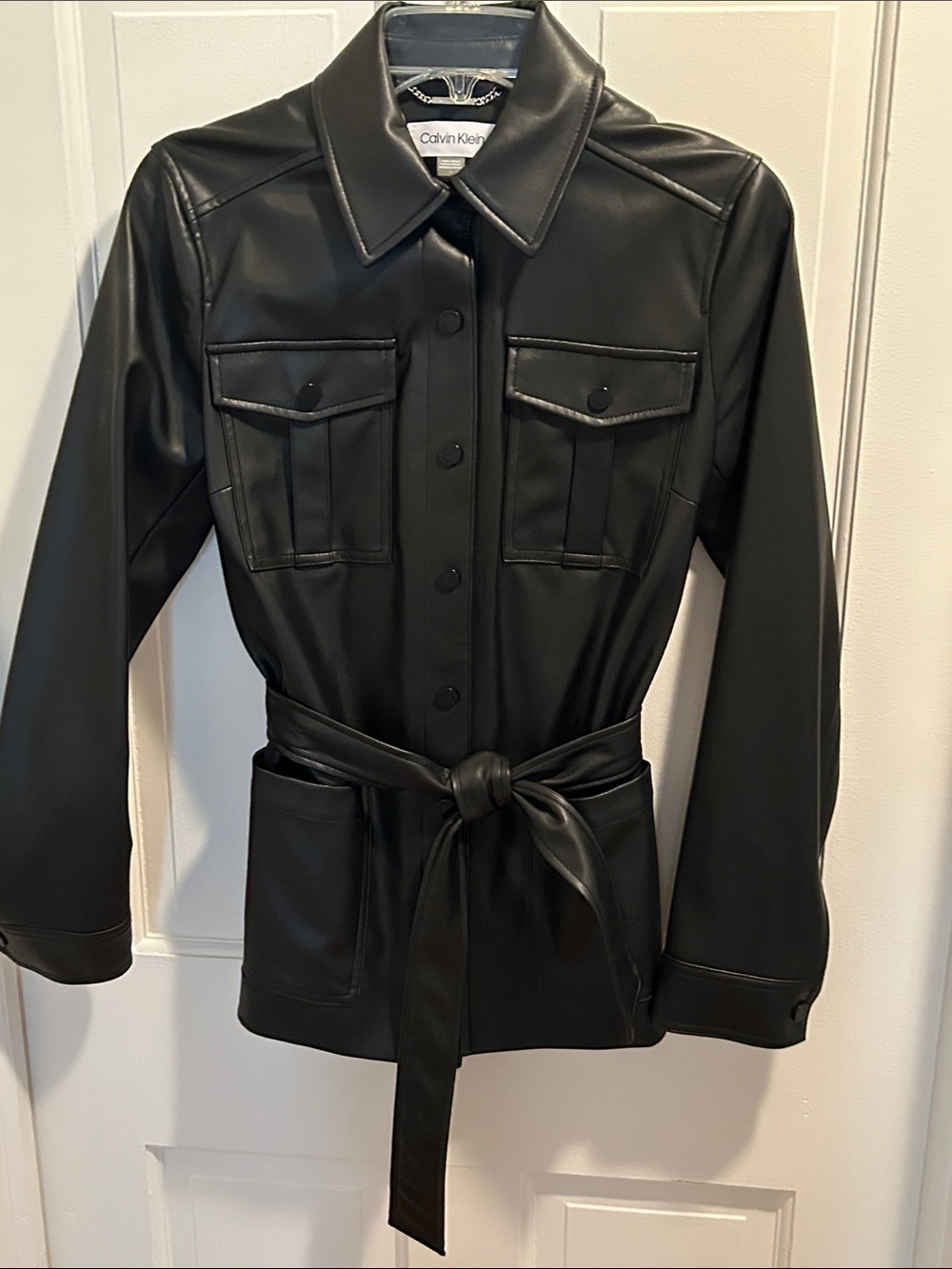 Calvin Klein Black Faux Leather Belted Shirt Jacket